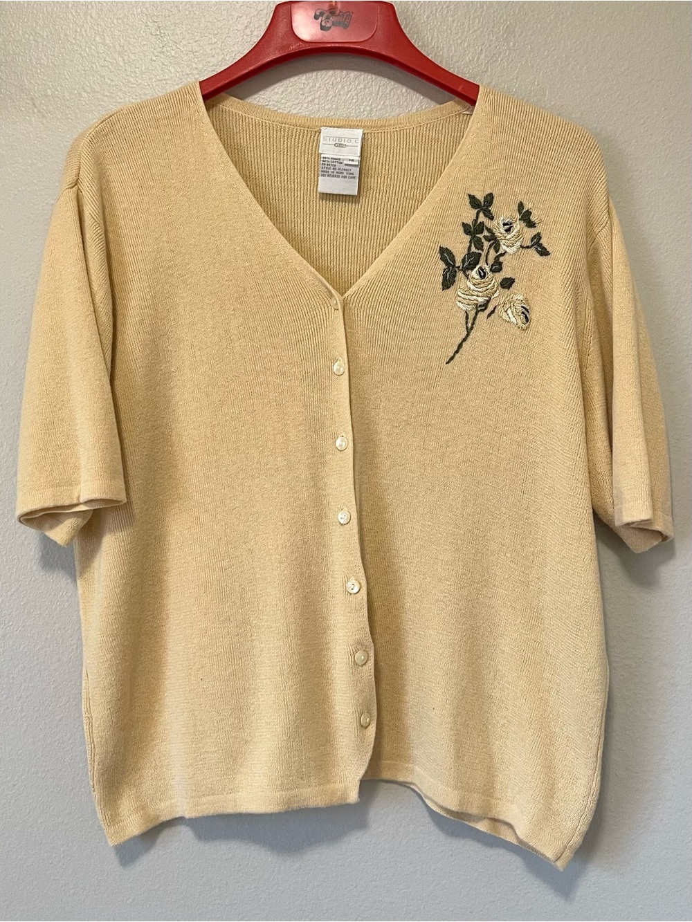 Vintage Studio C Plus Floral Short Sleeve Cardigan- Embroidered Rose Ramie - 16